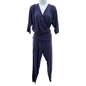 Thakoon Addition Navy Blue 100% Silk‎ Wrap V-Neck Jumpsuit Size 6 Womens Drape